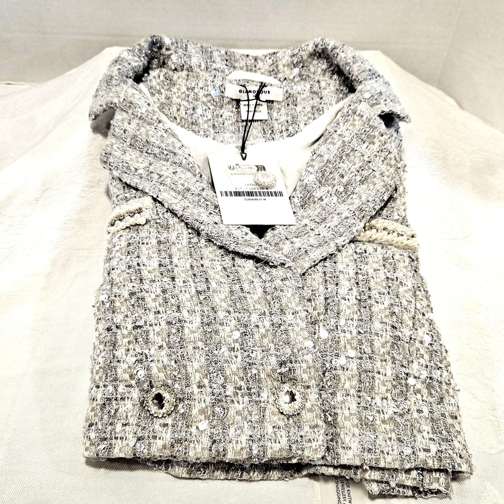 NWT Glamorous Women's M Cropped Sequin Jacket Silver Gray Faux Pockets